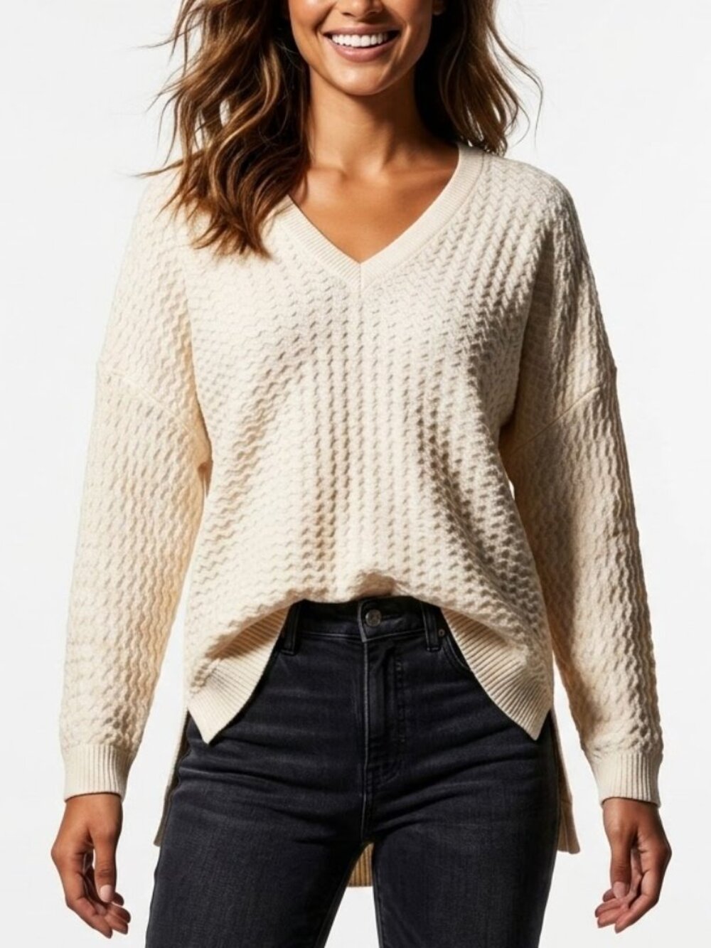 ADRIANNA PAPELL Cream Chevron Texture High-Low Knit V-Neck Sweater Medium